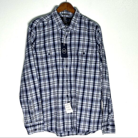 NWT Men’s Nordstrom 1901 Blue Jaspy Navy Plaid Flannel Size XL - Picture 1 of 7